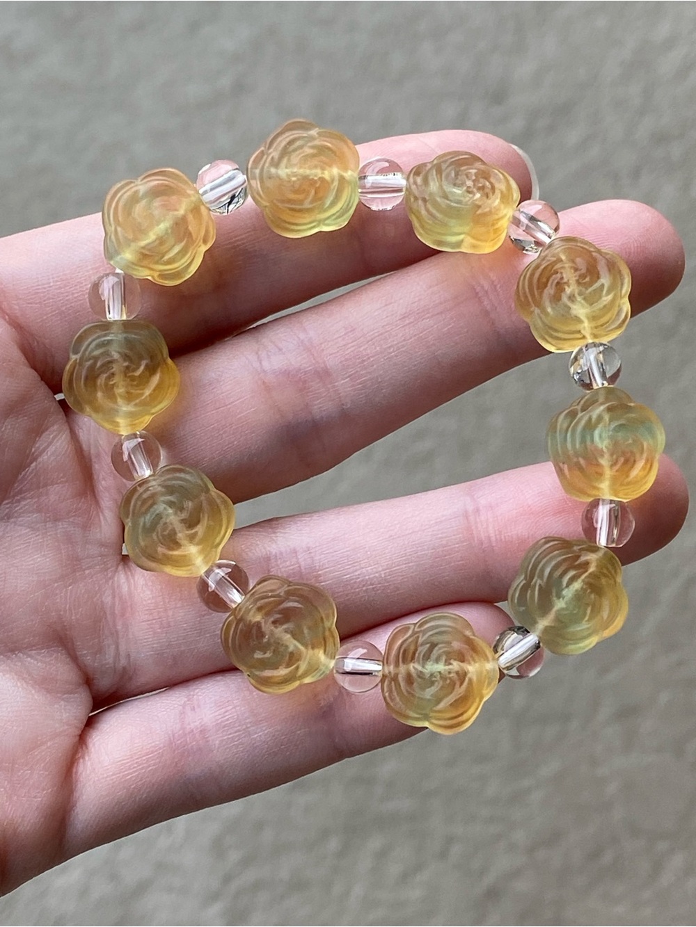 Fluorite Flower Bracelet Carved Rose Beads Clear Quartz Crystal Stretch Bracelet